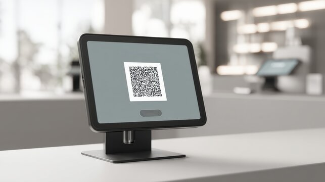 Modern digital payment solution with QRcode on touchscreen display in retail environment - Powered by Adobe