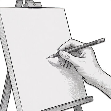 Hand holding pencil sketching on blank canvas easel in monochrome illustration showing creative process for art class design workshop drawing tutorial and beginner practice concept