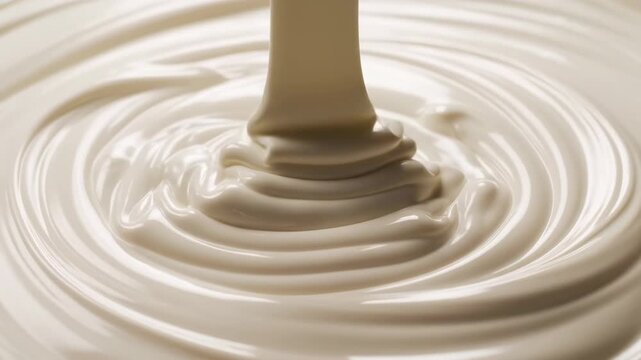 Thick White Cream Stream Flowing into Endless Cream Pool, Close-Up Food Texture Background