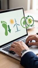 Businessman typing on laptop with green sustainability icons carbon footprint reduction and renewable energy business vertical concept
