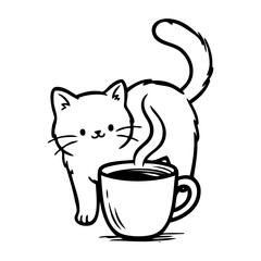 Logo cafeter&iacute;a. Dibujo sencillo con l&iacute;neas de un gato simp&aacute;tico con una taza de caf&eacute; caliente