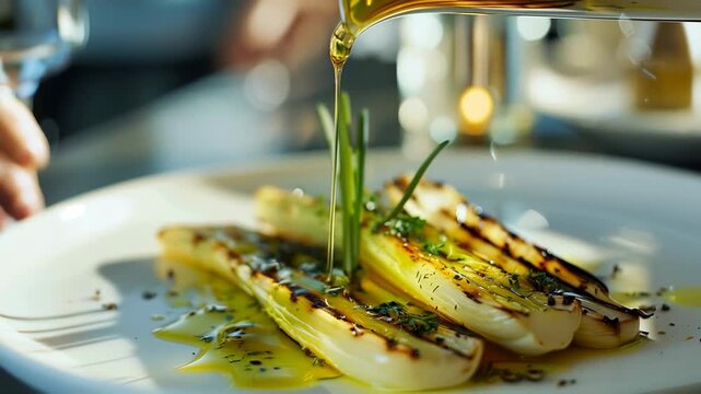 Professional chef adds a finishing touch of olive oil to a plate of grilled belgian endives
