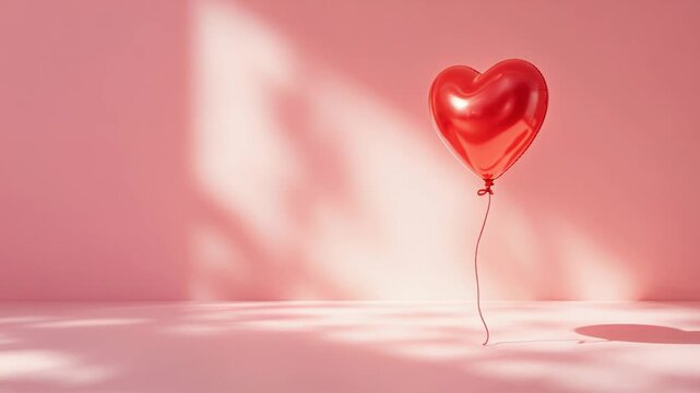 Shiny red heart shape balloon drifting in a pink room with soft shadows on Valentines day