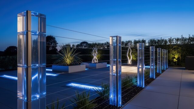 Modern garden design with illuminated glass fence posts and pathway lights at dusk. Contemporary backyard landscaping with ambient LED lighting for outdoor aesthetic.