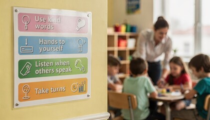 Focused medium shot on a visual rule chart displayed at child eyelevel on a classroom wall with blurred children in the background learning boundaries.