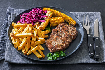 Texas Medium Rare Steak with Fries and Corn