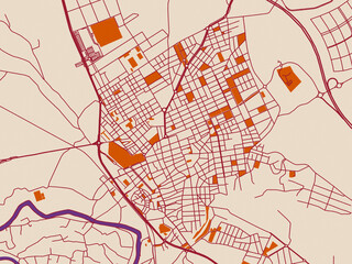 Street network map of Molina de Segura, Spain, muted violet water and terracotta