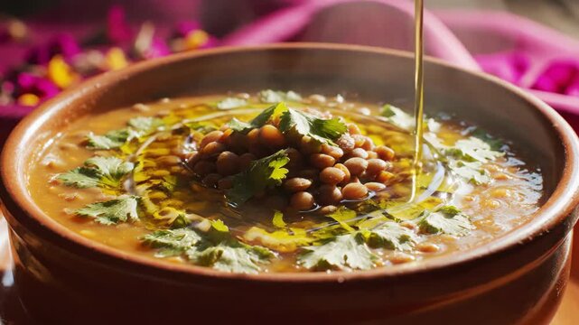 Pouring olive oil into a steaming bowl of hot lentil soup. Close-up of a homemade vegetarian dish garnished with cilantro. Healthy comfort food concept