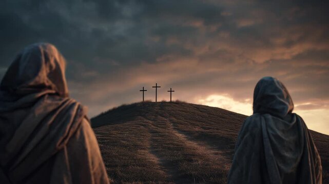People look at three crosses on a hill under a cloudy sky during a significant moment in history