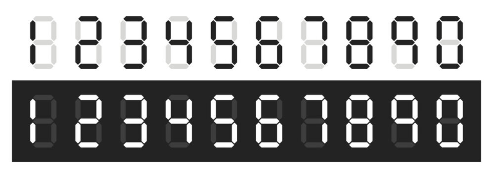 Electronic digits. Black and white digital numbers for digital devices. Interface font. Electric clock led dial. Scoreboard icons. Display board. Touchscreen numeric symbols vector set