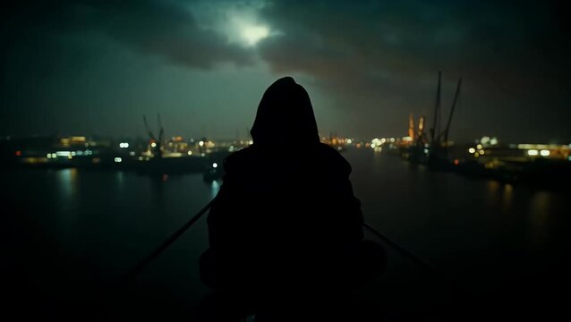 Silhouetted Person Sitting Above an Industrial Harbor at Night
