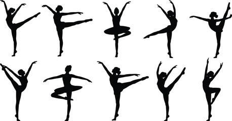 Collection of ballet dancer silhouettes in dynamic poses, black vector illustration showcasing classical dance movements, flexibility, balance, elegance, and artistic performance themesWeb © Mst