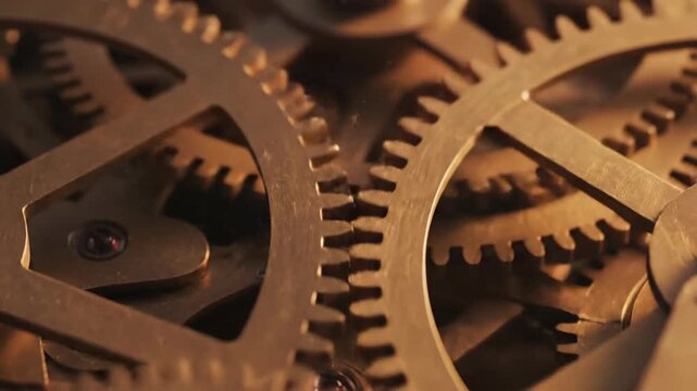 Close up of mechanical gears in motion showing precision and time