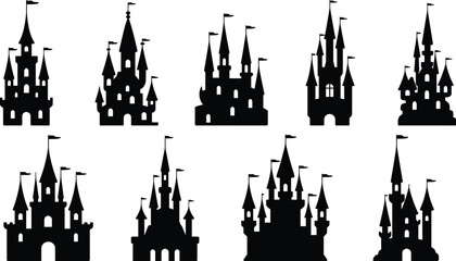 Fototapeta premium Fairytale castle silhouettes set with medieval fantasy palaces, towers and flags, black isolated royal kingdom buildings, magical storybook architecture icons illustrationWeb