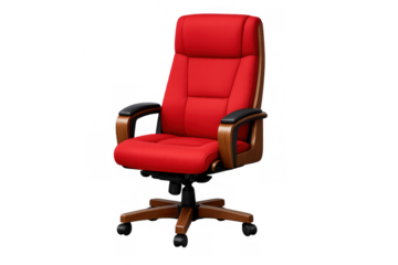 Red executive chair providing comfort and style for office work. Features leather upholstery, wooden armrests, and caster wheels. Transparent background