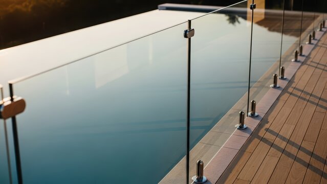 Transparent glass railing on a pool deck. Modern safety fence around an infinity pool. Contemporary architectural design for luxury lifestyle.