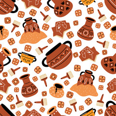 Antique ceramic tableware seamless pattern. Earthenware pots. Ancient amphorae cracks. Clay jugs shatters. Repeated print. Archaeology excavations. Historical artefact. Vector background