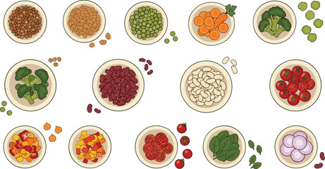 Naklejka premium Assorted Vegetable and Ingredient Bowl Illustration Set Featuring Fresh Produce, Legumes, Greens, and Colorful Mixes