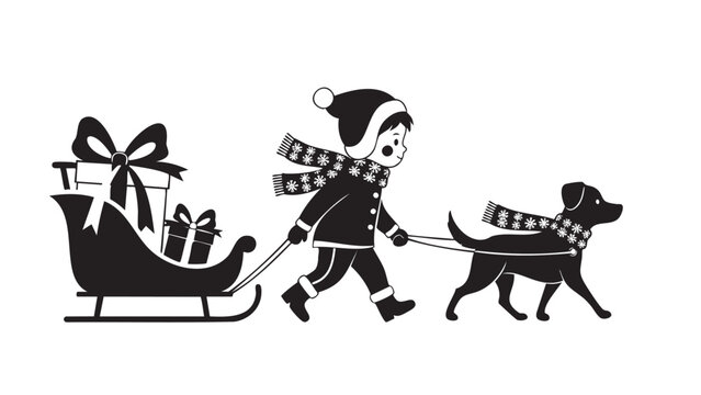 Child in winter clothes pulling decorated dog sled with gifts isolated on transparent