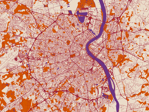Street network map of Bordeaux, France, warm boho color palette