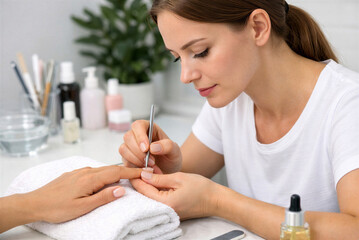 Female manicurist pushing cuticles