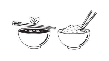 Hand drawn illustration of rice and chopsticks in bowls isolated