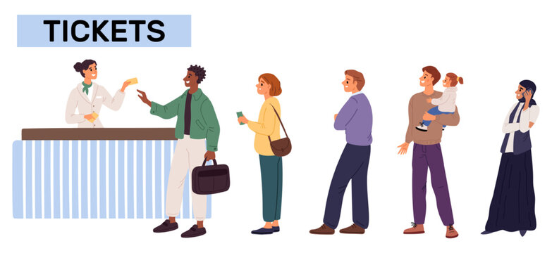 People standing in line. Men and women at queue to cashier. Public transport ticket office pay counter. Customers buying passes for movie or theater. Waiting for payment. Vector concept