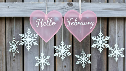 Hello February greeting card with two transparent icy hearts and snowflakes decoration on gray wooden background.