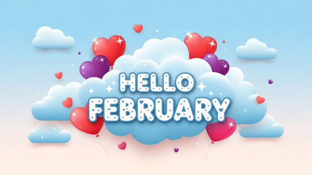 Hello February greeting card. Dreamy clouds with heart shaped balloons on pastel background. Winter holidays concept.