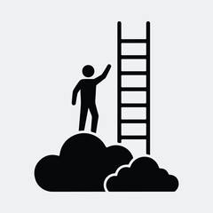 Person standing on clouds reaching for ladder silhouette vector illustration © Pixel Box