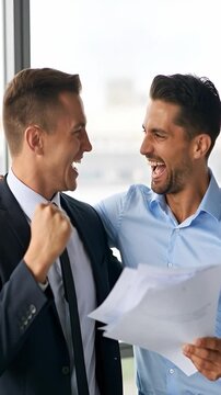 Two happy businessmen celebrate in a modern office, fist pumping and smiling while holding important documents. Their teamwork led to positive news and achievement