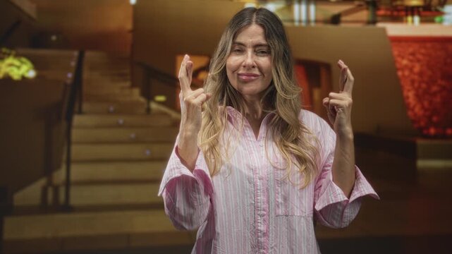 Middle age hispanic woman with fingers crossed and closed eyes in building lobby by stairs, wearing striped pajama top; hopeful wish.