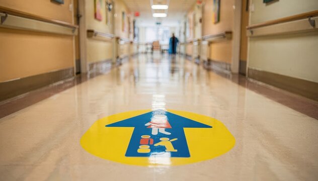 Medium shot of a brightly colored floor decal with a simple pictogram leading dementia residents along a polished corridor with the background softly blurred.