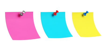 Three colorful sticky notes attached with pushpins pink blue yellow isolated on transparent background