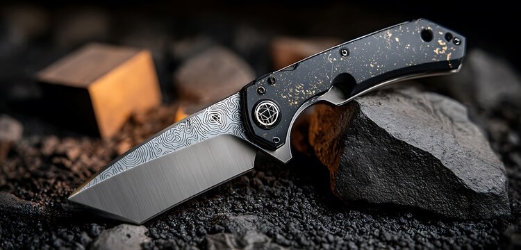 bladed knife strucyure background with stainless steel abstrat background with asbtract new art and black blade installed in it 
