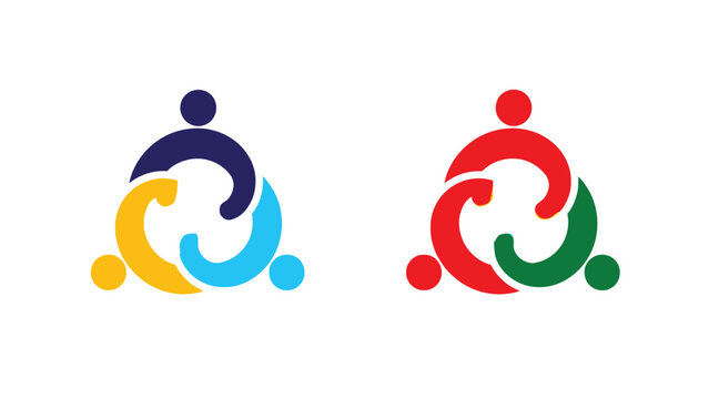 Abstract logo designs featuring three interconnected stylized figures in vibrant contrasting color schemes