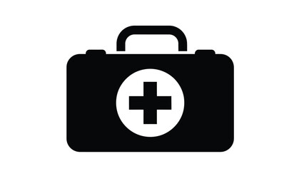 Obraz premium Black and white silhouette icon representing a portable medical first aid kit with a cross symbol