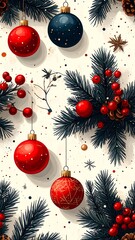 Festive Christmas Ornaments and Evergreen Branches on Cream Background.