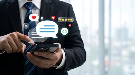 Businessman engaging with social media feedback on smartphone showing speech bubbles with heart icons and five star ratings for customer satisfaction and brand loyalty development