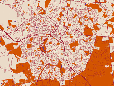 Street network map of Bracknell, United Kingdom, featuring warm ivory base with deep wine street grid, clay-orange areas and dusky purple waterways