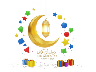 Celebrating eid mubarak with colorful decorations isolated on transparent background