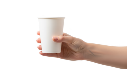 Womans hand holding a blank white paper cup drink mockup product photography isolated on transparent background