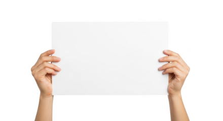 Womans hands holding a blank rectangular white card presentation display board isolated on transparent background