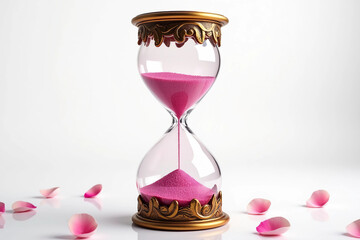 Gold ornate hourglass filled with flowing pink sand surrounded by scattered pink petals
