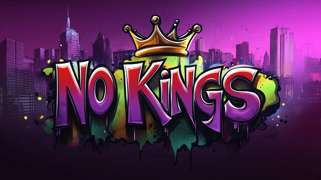 Inscription words "NO KINGS", bold characters and letters. Spray painted tag, political activism. Wallpaper and background resource.
