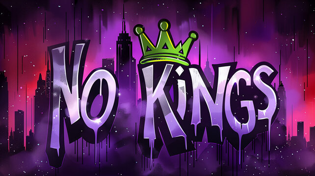 Inscription words "NO KINGS", bold characters and letters. Spray painted tag, political activism. Wallpaper and background resource.