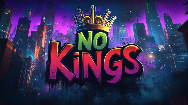 Inscription words "NO KINGS", bold characters and letters. Spray painted tag, political activism. Wallpaper and background resource.