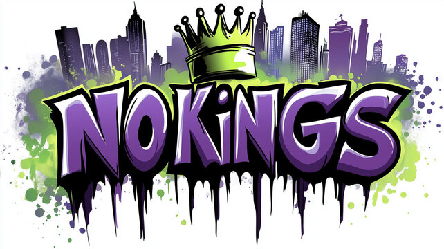 Inscription words "NO KINGS", bold characters and letters. Spray painted tag, political activism. Wallpaper and background resource.