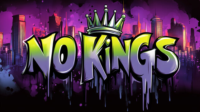 Inscription words "NO KINGS", bold characters and letters. Spray painted tag, political activism. Wallpaper and background resource.