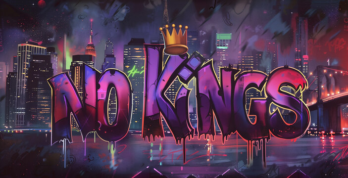 Inscription words "NO KINGS", bold characters and letters. Spray painted tag, political activism. Wallpaper and background resource.